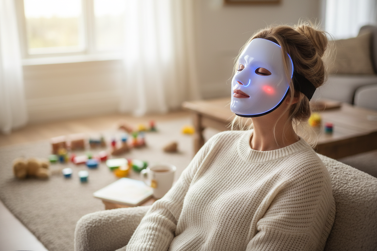 A mom with a loose bun and soft lightening, using an led mask with toys in the background